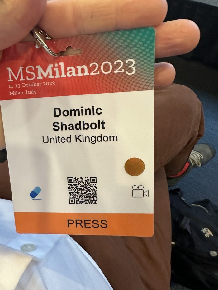 A press badge for MSMilan2023 in the name of Dominic Shadbolt